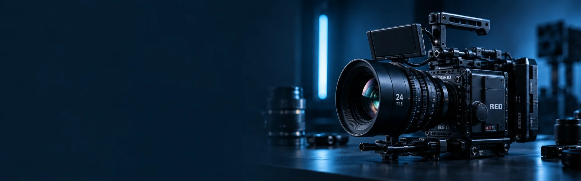 Illustration of a cinema camera in a blue-lit studio